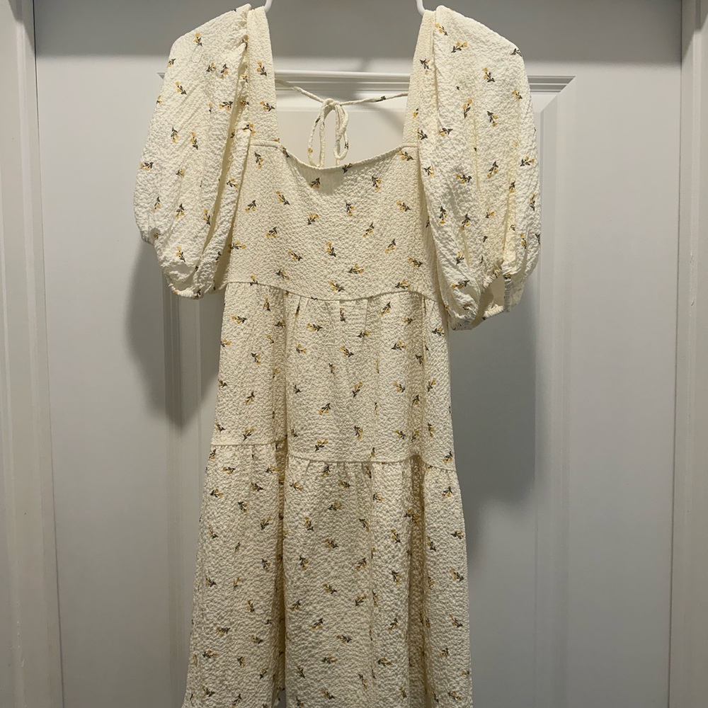 Cream Floral Puff Sleeve Dress